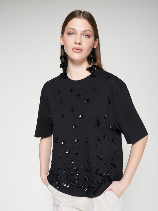 BLACK T-SHIRT WITH FLORAL SEQUINS
