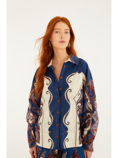 Sand Arabesque Scarf Collared Organic Cotton Shirt