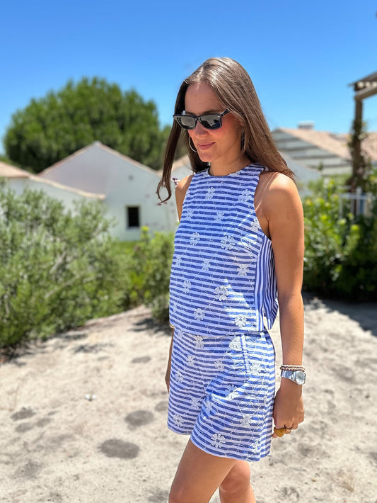 BLUE STRIPED SHORTS WITH FLORAL EMBROIDERY