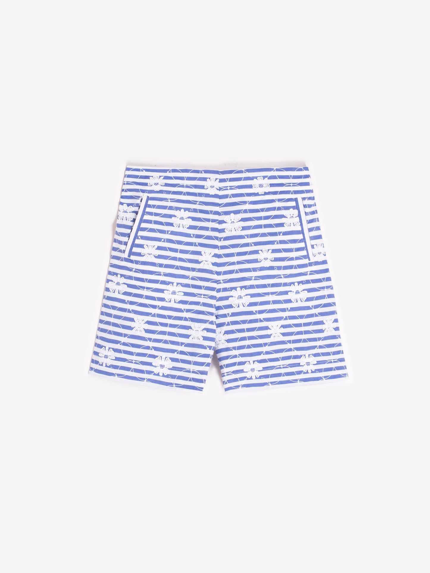 BLUE STRIPED SHORTS WITH FLORAL EMBROIDERY