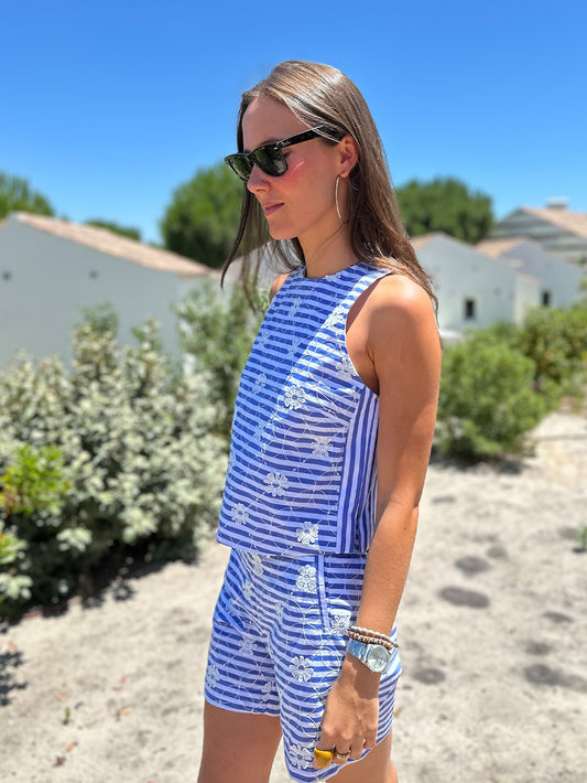 BLUE STRIPED TOP WITH FLORAL EMBROIDERY