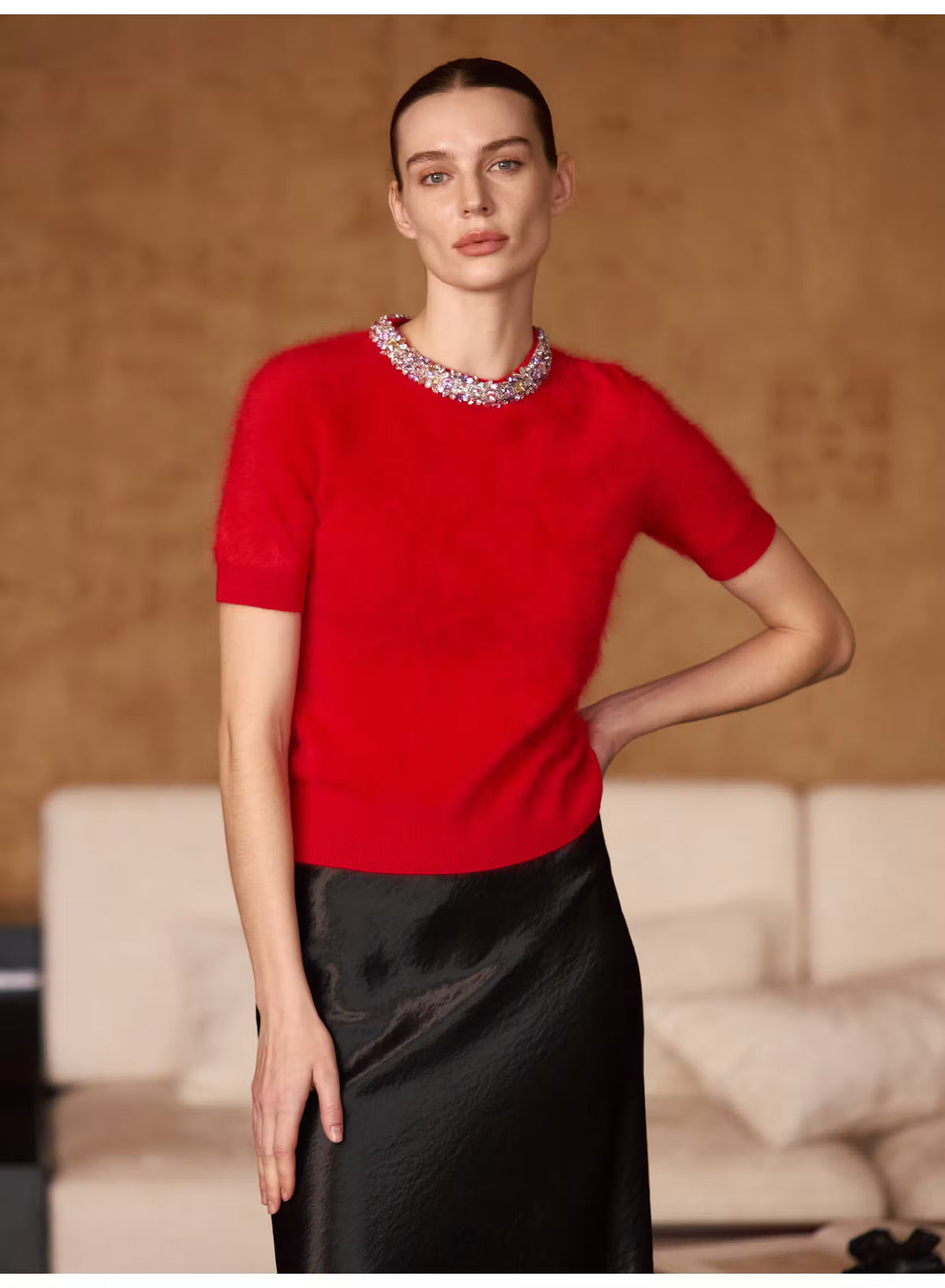 Jeweled Cashmere Short-Sleeve Sweater