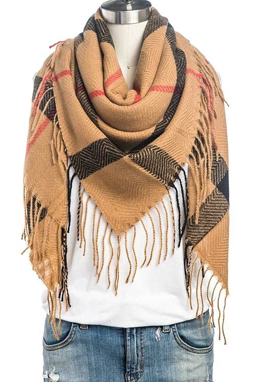 Fringe Soft Plaid Square Scarf - Camel