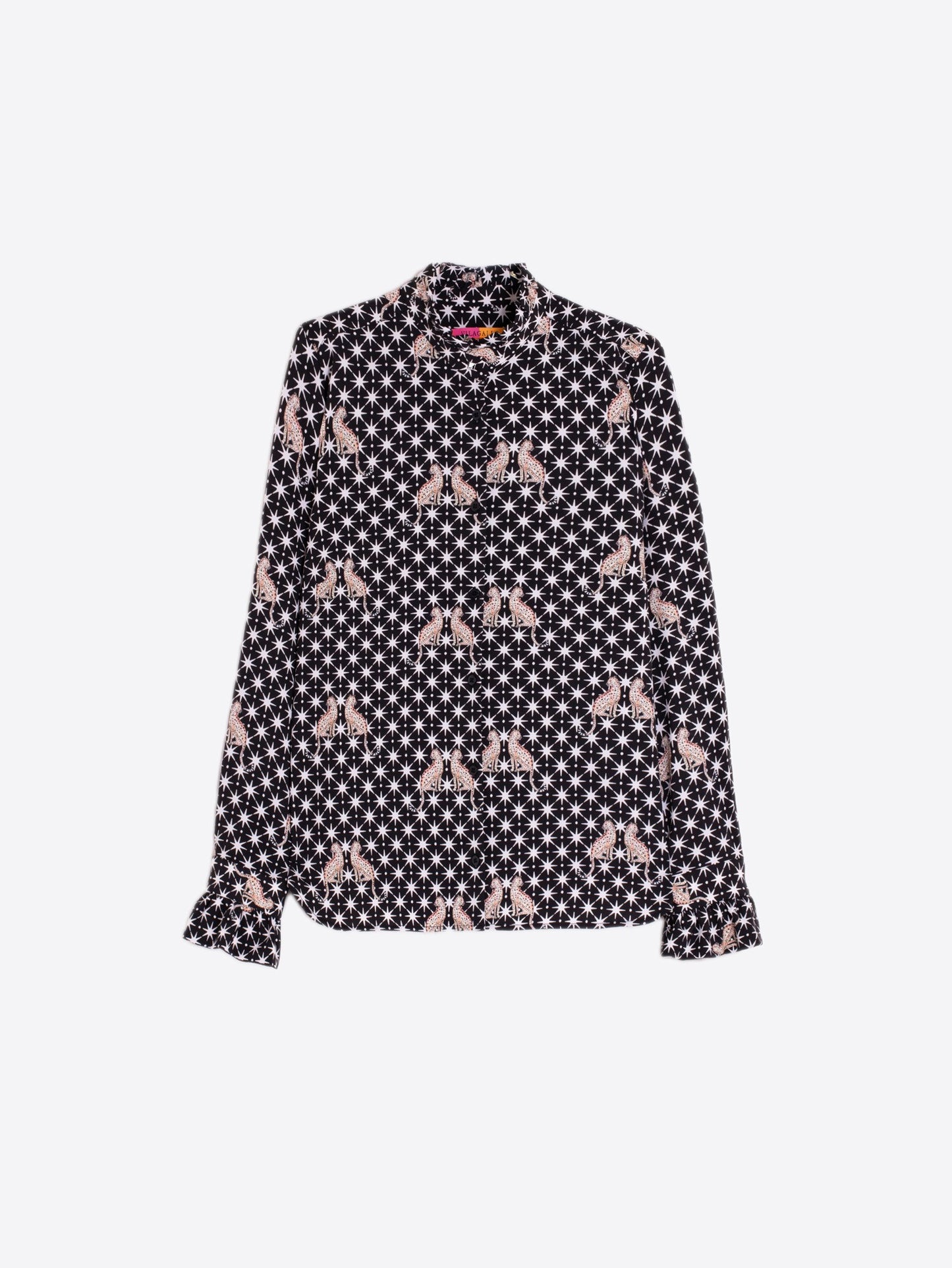 BLACK SHIRT WITH LEOPARDS AND STARS PRINT