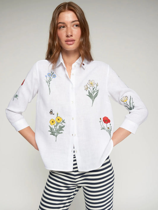 White Shirt with Embroidered Flowers