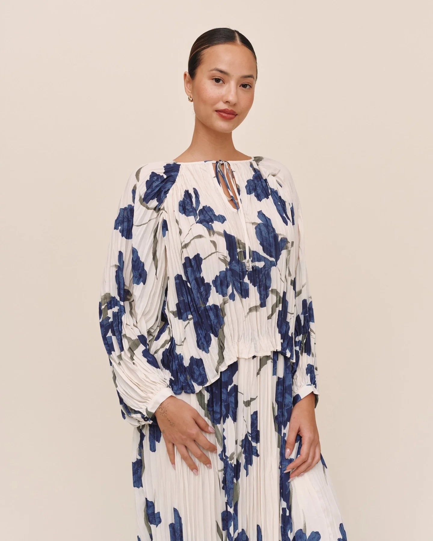 Pleated Tie Front Top - Indigo Iris Print