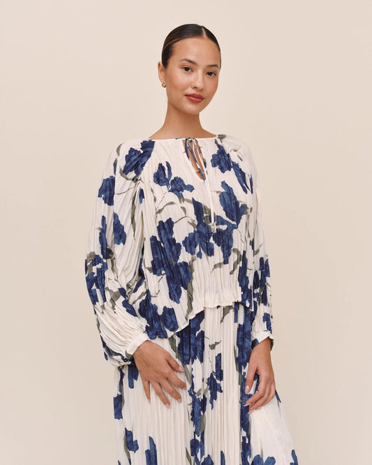 Pleated Tie Front Top - Indigo Iris Print