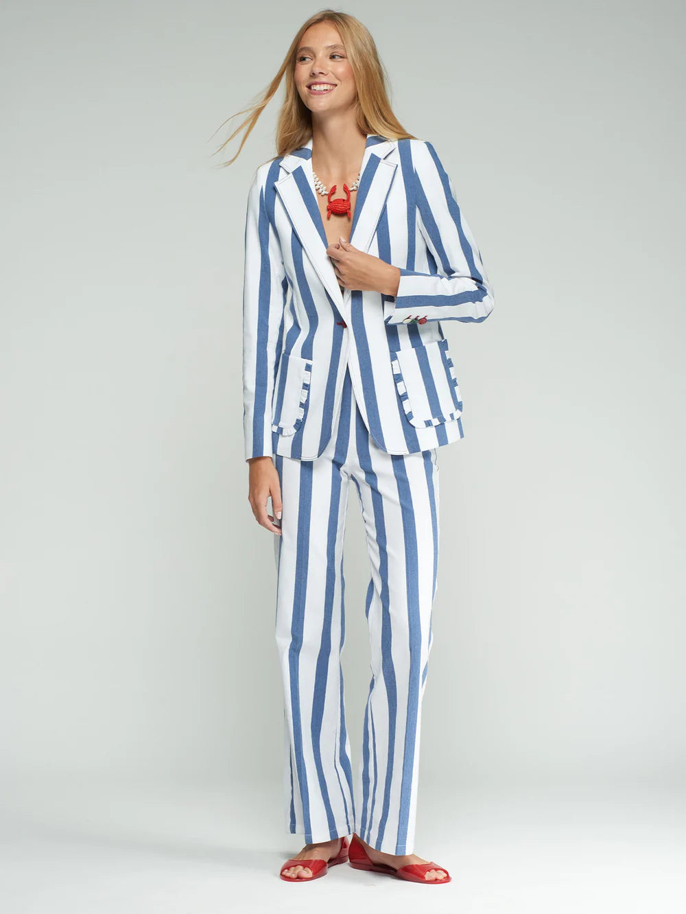 Blue and White Striped Pants with Buttons
