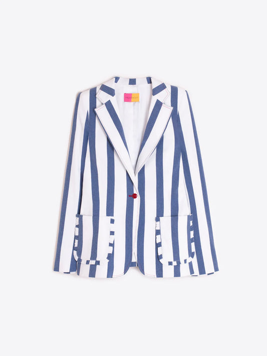 Blue and White Striped Jacket with Ruffled Pockets