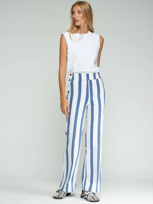 Blue and White Striped Pants with Buttons