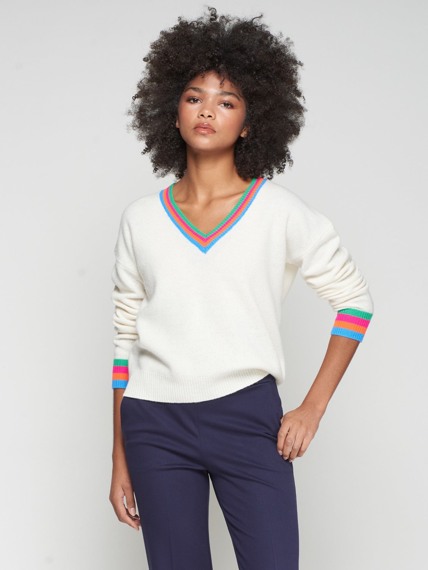 ECRU SWEATER WITH MULTICOLOUR STRIPED V-NECK
