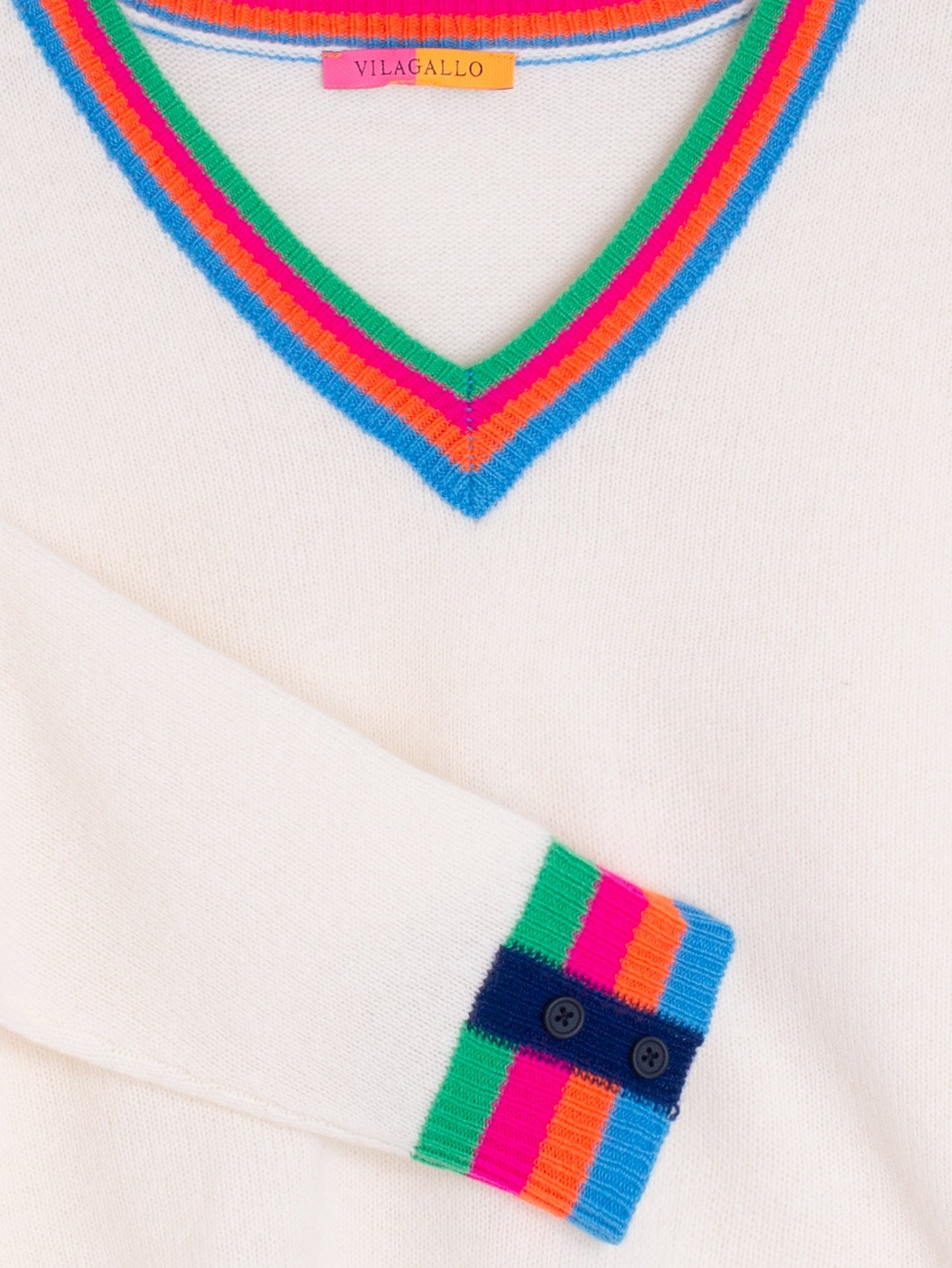 ECRU SWEATER WITH MULTICOLOUR STRIPED V-NECK