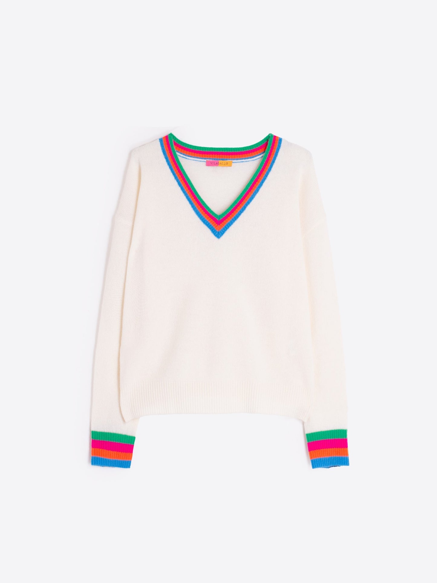 ECRU SWEATER WITH MULTICOLOUR STRIPED V-NECK