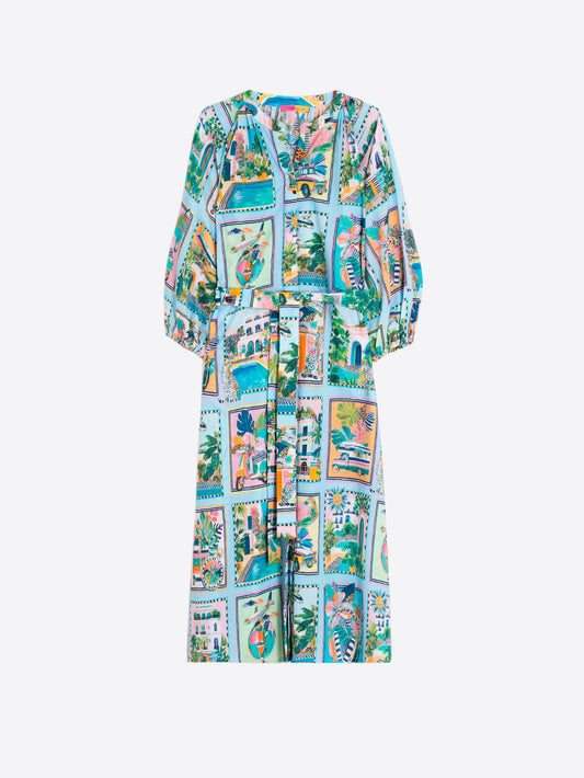TURQUOISE DRESS WITH TROPICAL SCENE PRINT