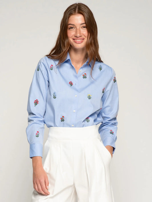 Blue Shirt with Floral Embroidery